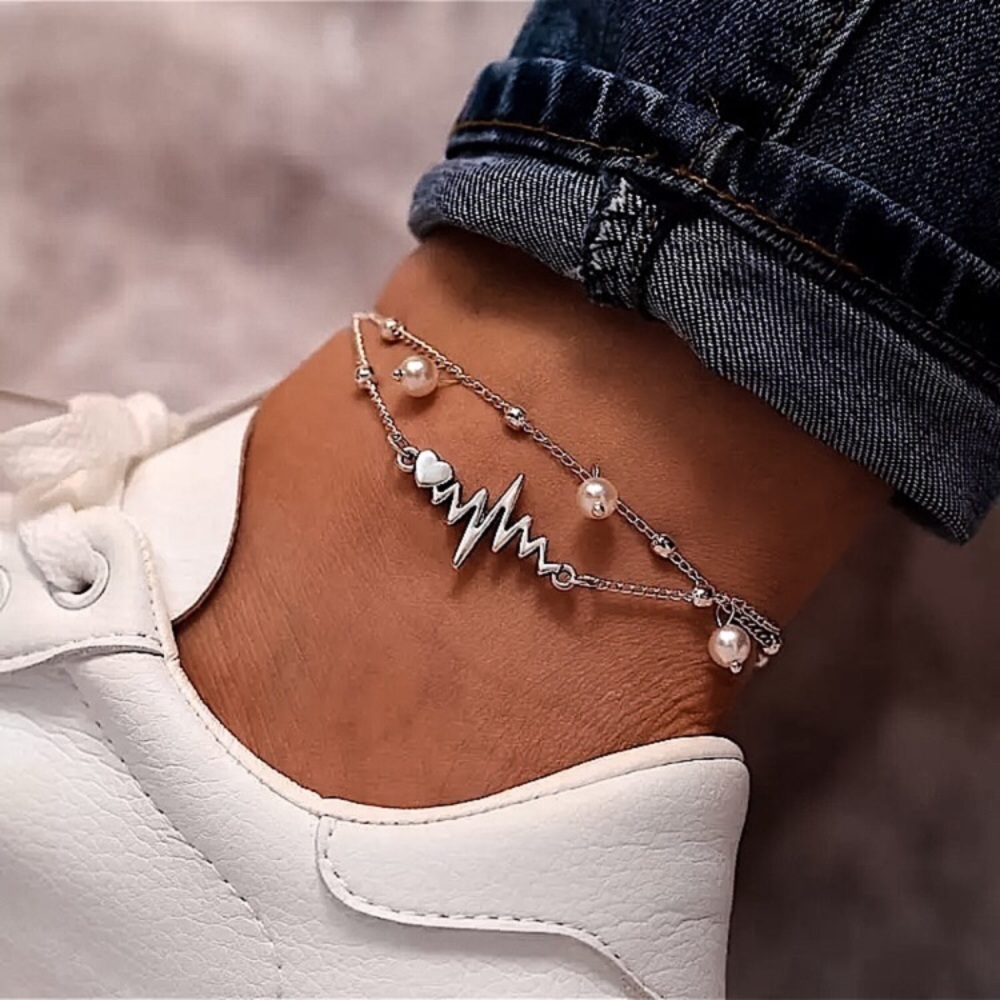 💜10/$25💜NEW 2 Layered Heartbeat Pearled & Beaded Chain Anklet - Picture 5 of 8